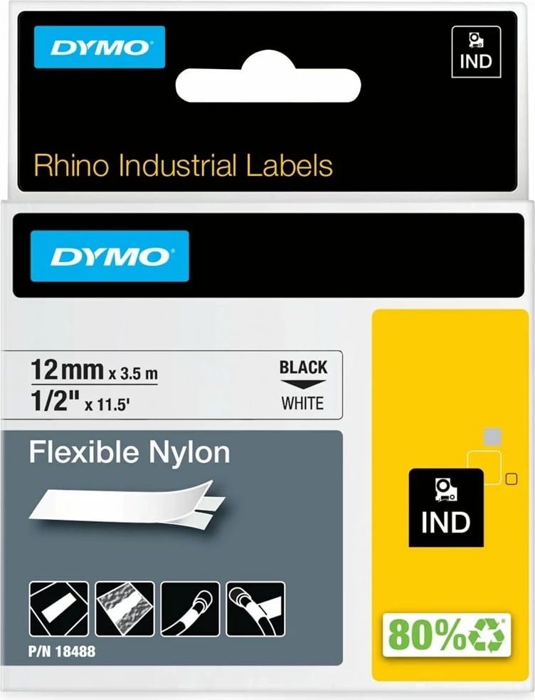 Kasetë etiketuese DYMO IND Flexible Nylon, 12mm x 3.5m, E zezë mbi të bardhë