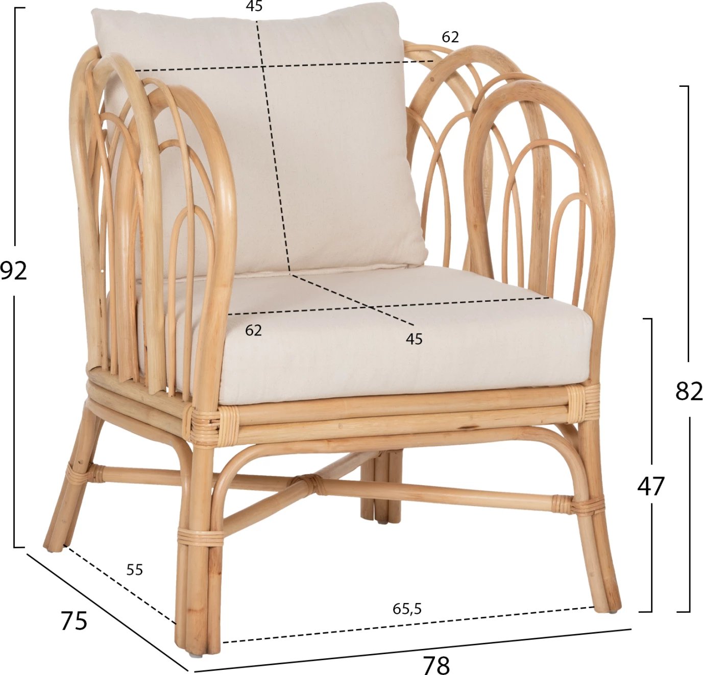 Karrige e uljes ESTOR FH9817 rattan, jastëk natyral-bardhë, 78x75x92H cm