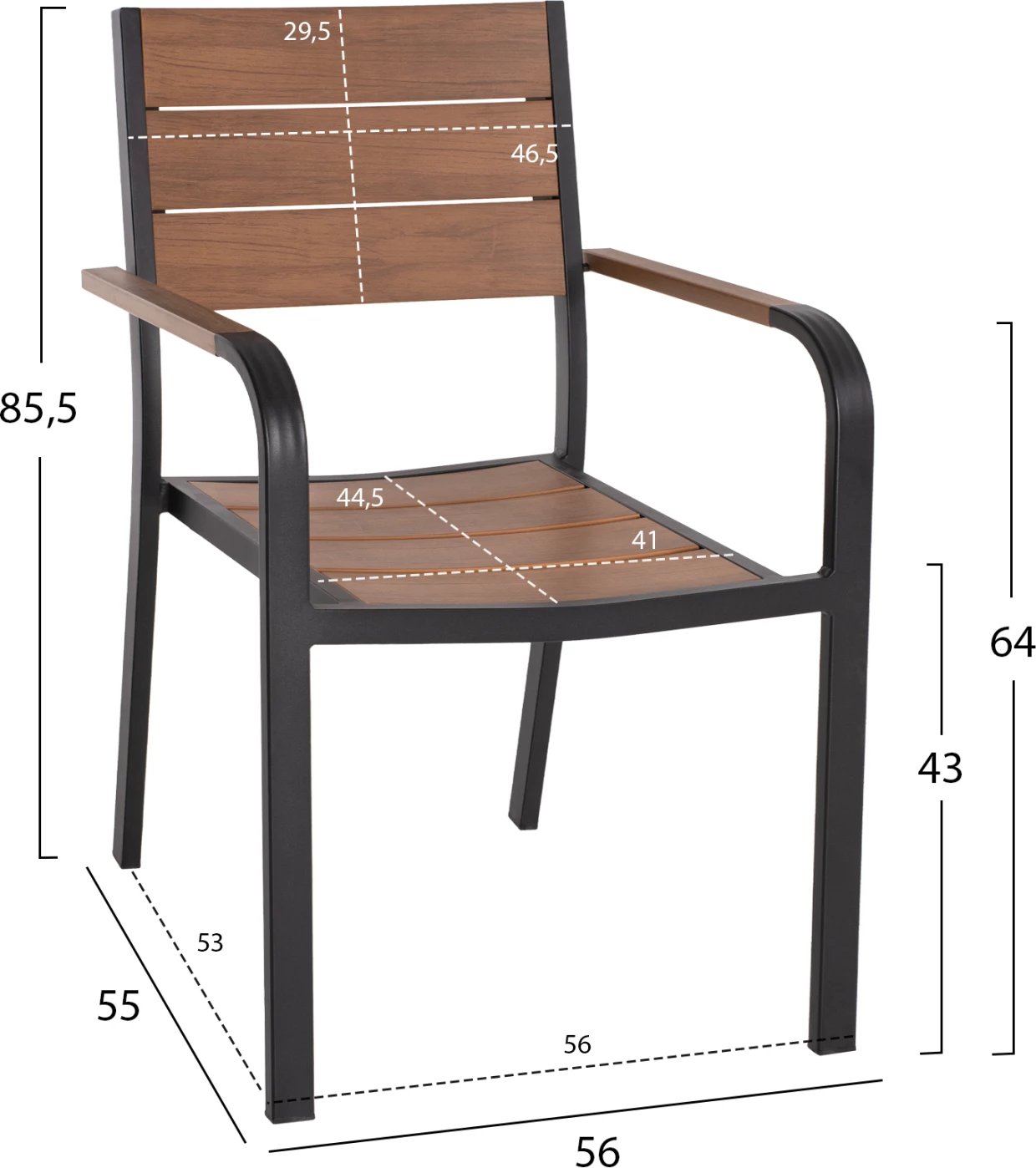 Karrige alumini SAGA FH5127.03 e zezë me sedilje dhe mbështetëse polywood 56x55x85,5Hcm