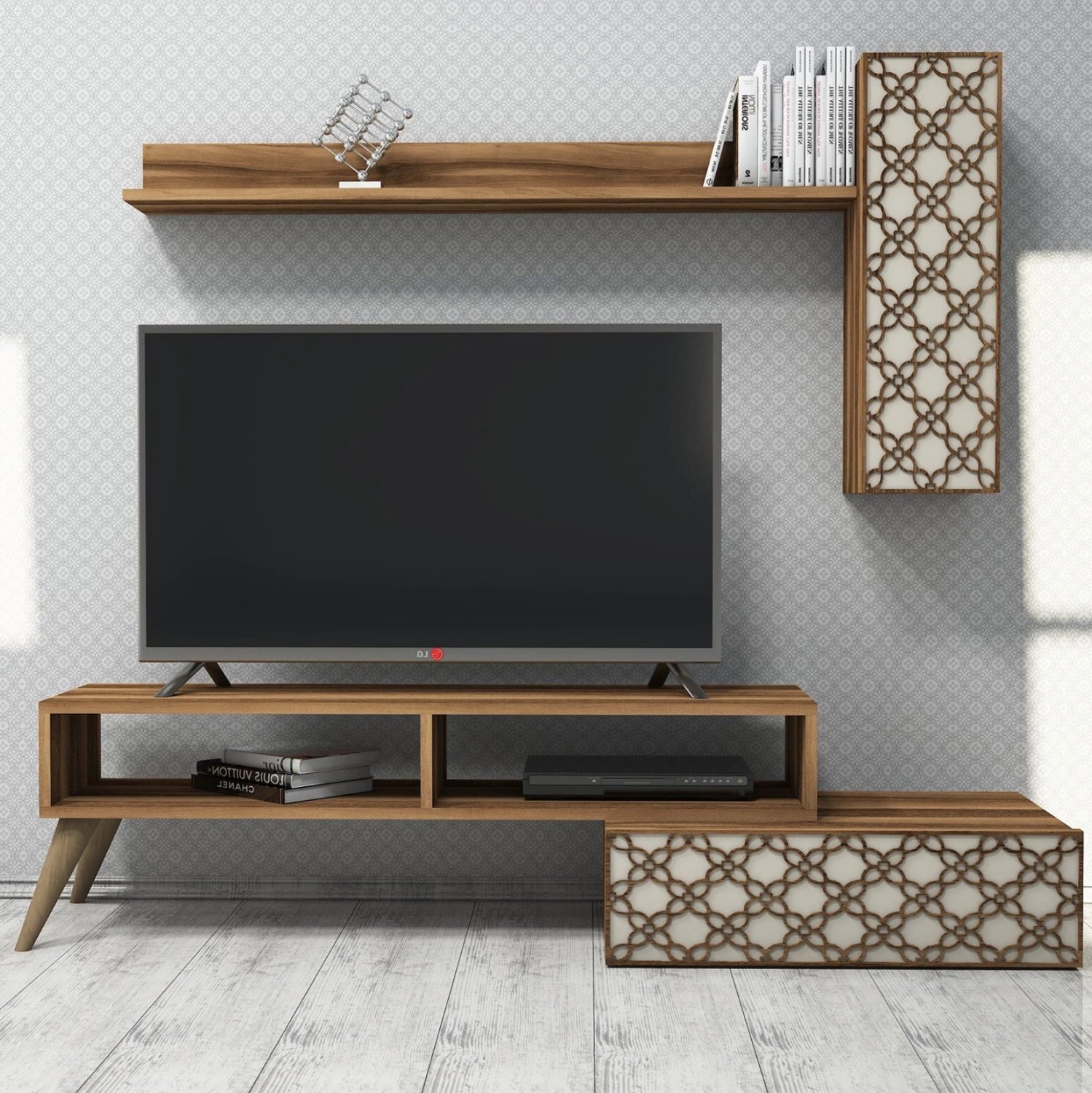 Set mobiljesh për TV, melaminë, ngjyrë arre dhe krem, FH9518.02, 150x37.2x37.8H cm