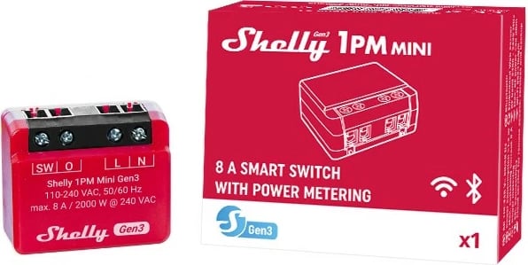 Smart switch Shelly 1PM Mini Gen3, Wireless, 1P, 20 dBmW, e kuqe