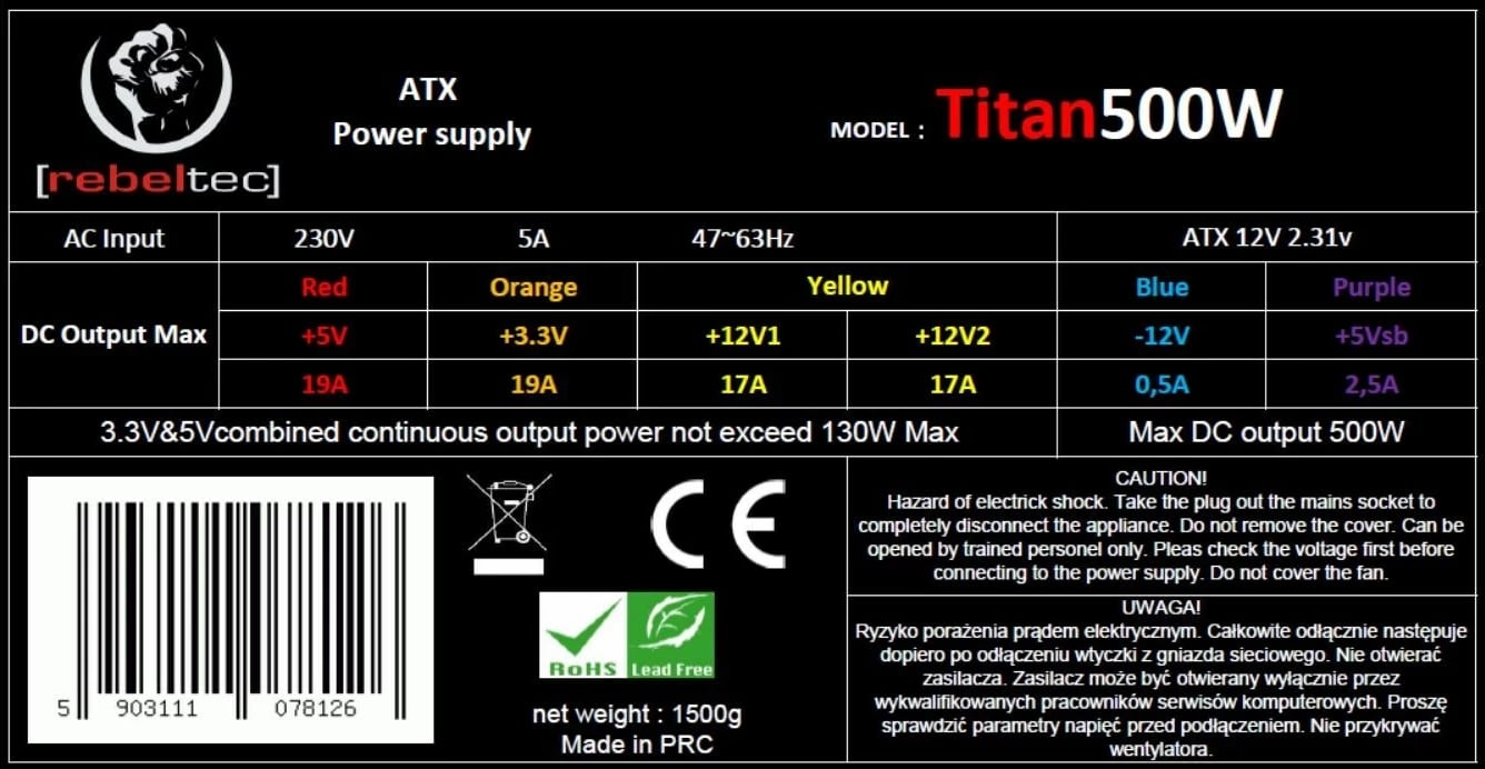 Furnizues energjie Rebeltec TITAN 500 ATX, 80 PLUS Bronze, i zi