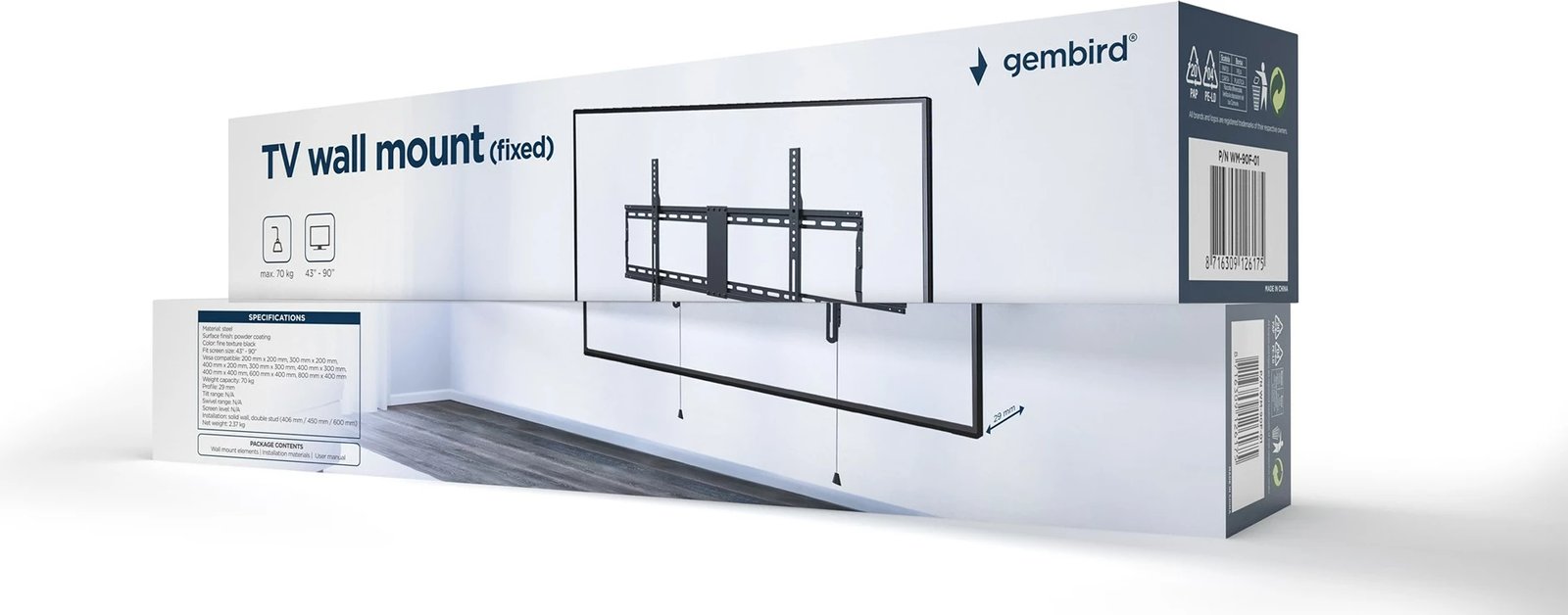 Mbajtëse për TV GEMBIRD WM-90F-01, deri në 2.29 m (90 inç), e Zezë