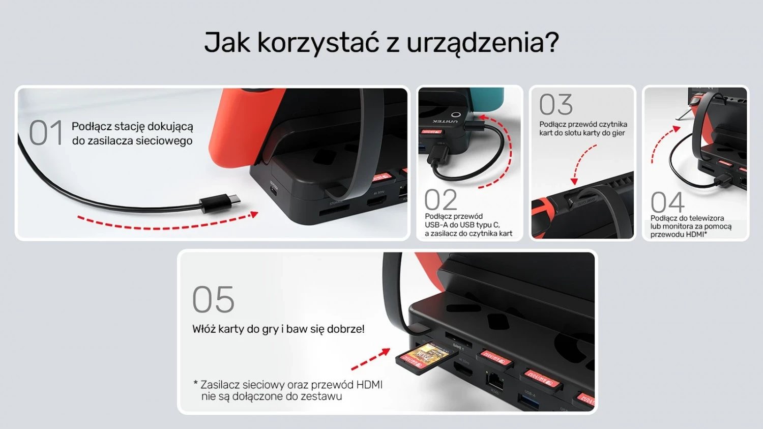 Stacioni i dokimit për Nintendo Switch Unitek, 100W 4K, i zi