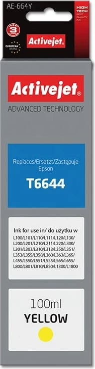 Ngjyrë zëvendësuese Activejet AE-664Y për printer Epson, 100 ml, e verdhë