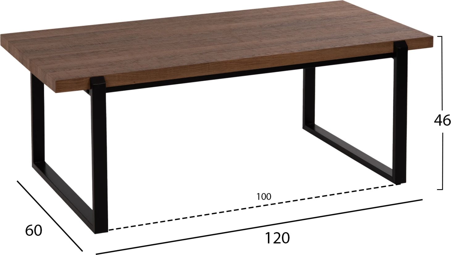 Tavolinë kafeje FH9585.04 MDF me sipërfaqe tavoline arre-bazë metalike e zezë 120x60x46H cm.