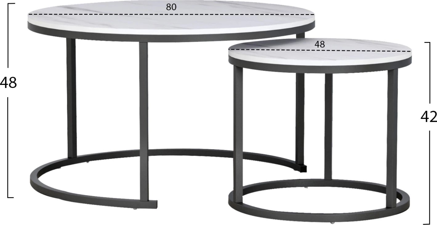 Set tavolinash kafeje 2 copë, pamje mermeri të bardhë, këmbë të zeza, Φ80x48cm, FH8763.12