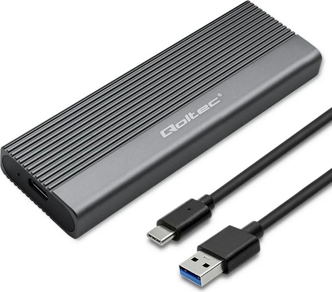 Kasë Qoltec 52267 për SSD M.2, SATA, NGFF, USB-C, 2TB, Gri