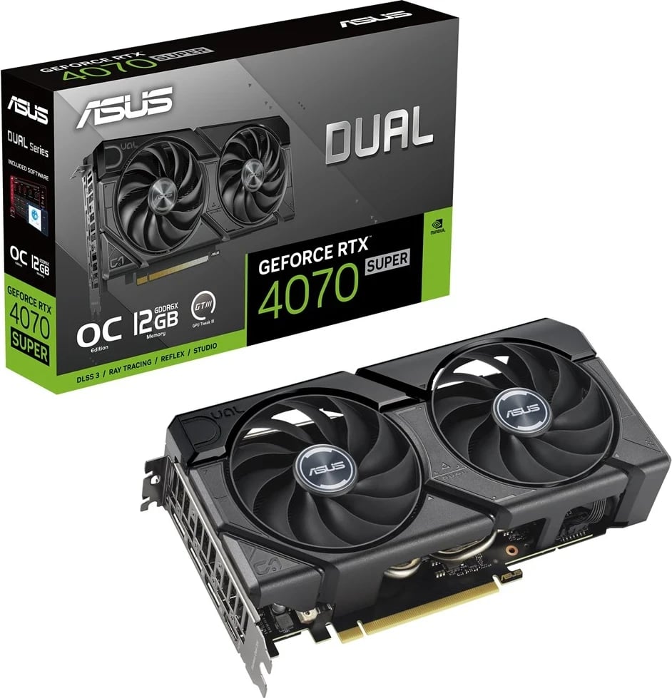 Kartë Grafike ASUS Dual -RTX4070S-O12G-EVO, NVIDIA GeForce RTX 4070 SUPER 12 GB GDDR6X, e Zezë