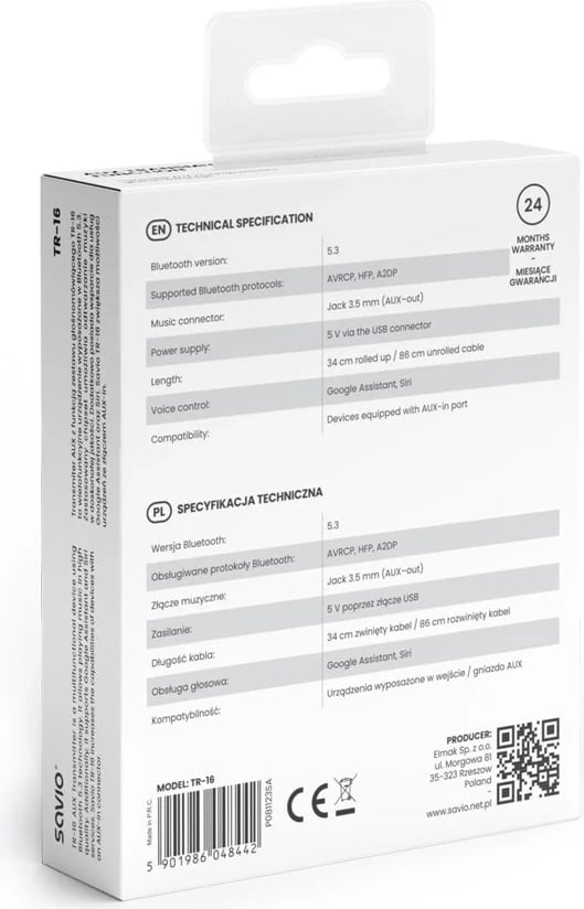 Adapter Transmetues Savio TR-16, me funksion pa duar, Bluetooth 5.3, ndihmës Google/Siri