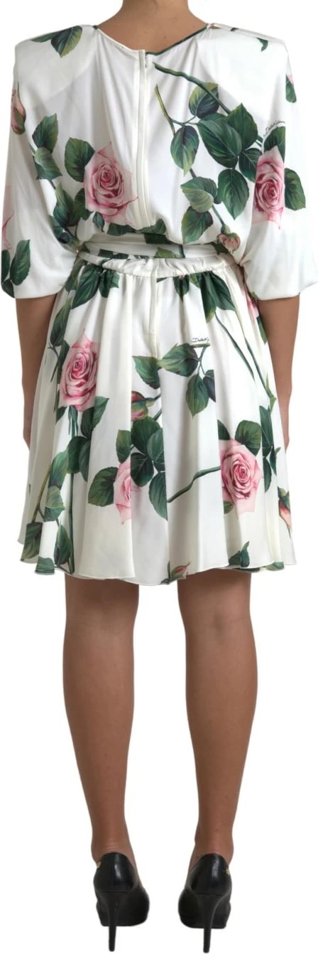 White Roses Print Stretch Silk A-line Dress