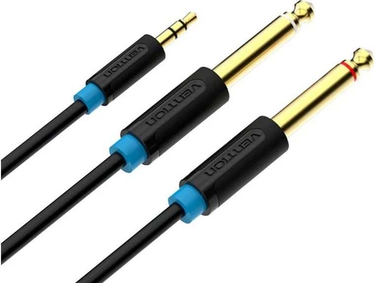 Kabllo audio Vention miniJack 3.5mm/2x Jack 6.35mm, 2m, e zezë