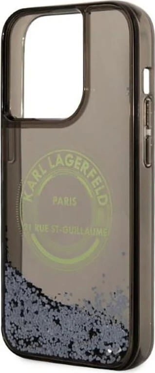 Mbështjellës Karl Lagerfeld Liquid Glitter Round RSG Logo, iPhone 14 Pro, i zi