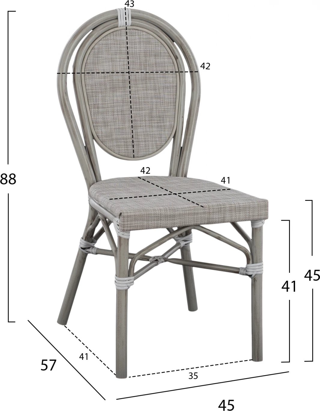 Karrige alumini pamje bambu patinë gri me tekstilene 45x57x88 cm FH5109