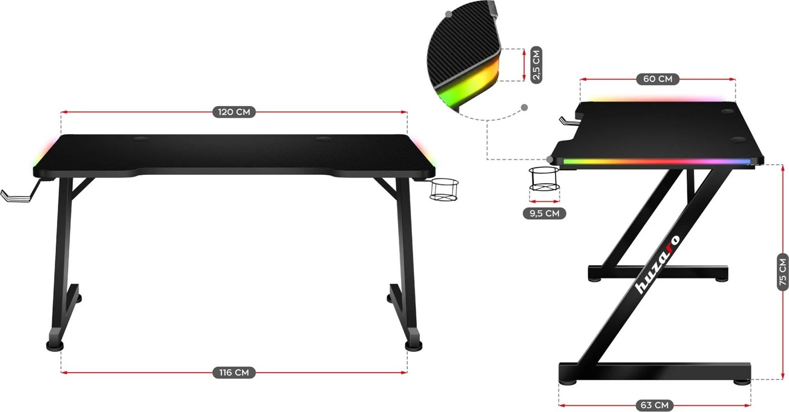 Tavolinë gaming Huzaro Hero 2.5, RGB/LED, e zezë