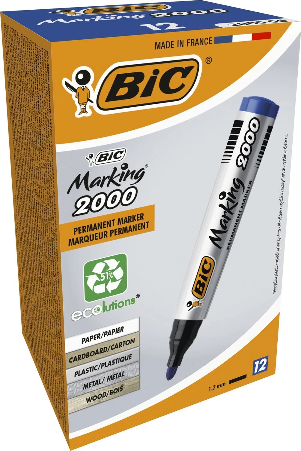 Marker permanent Bic 2000, blu, set 12 copë