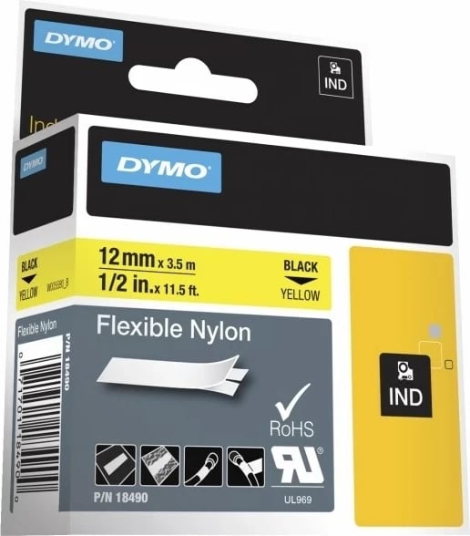 Letër ngjitëse DYMO IND Flexible Nylon, 12mm x 3.5m, E zezë në të verdhë