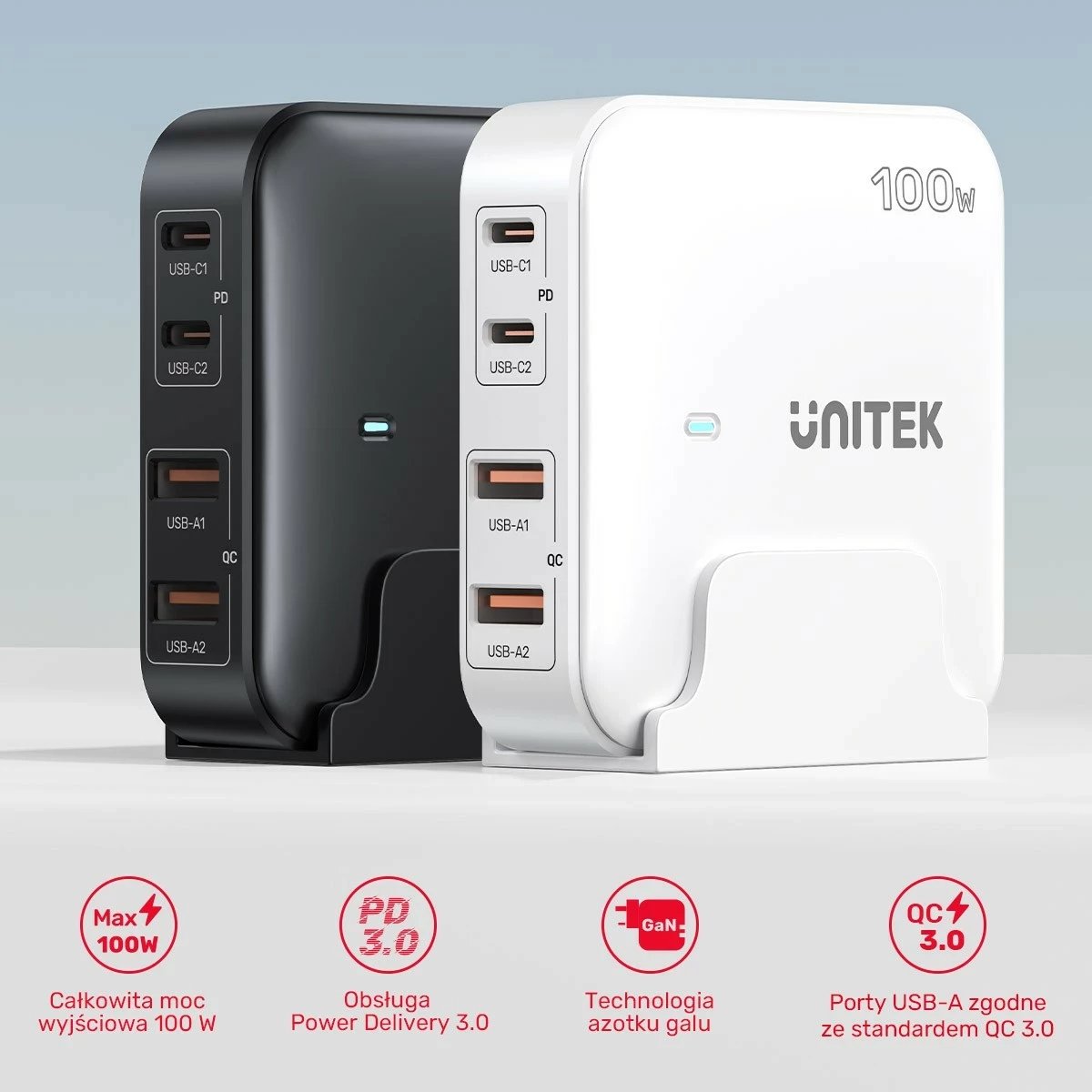 Karikues tavoline Unitek GaN 100W 2xUSB-A 2xUSB-C, bardhë