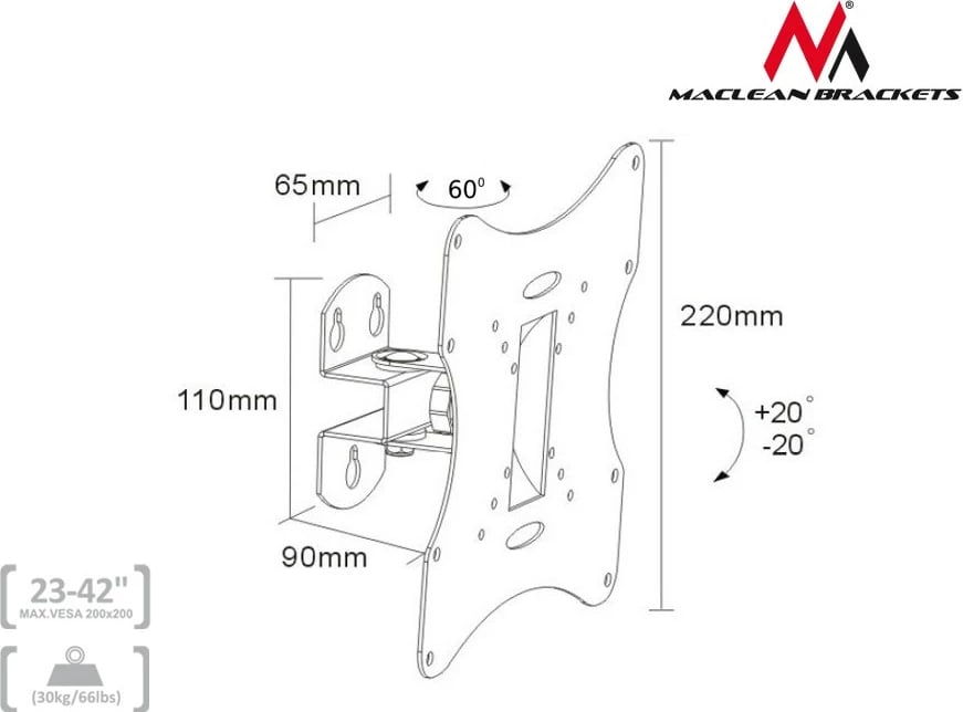 Mbajtës muri për TV Maclean MC-501A, 23-42", i zi