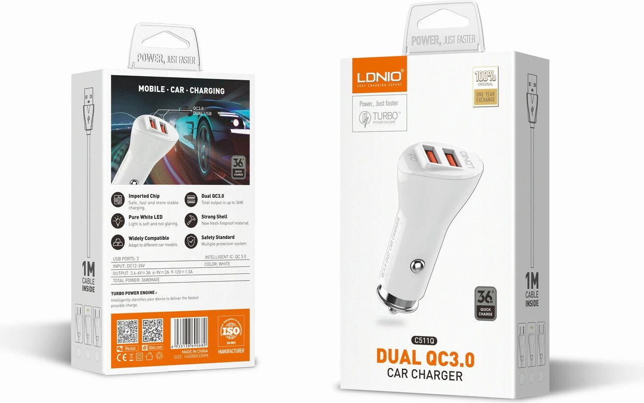 Karikues për veturë Ldnio 36W Dual USB Ports Fast Car charger