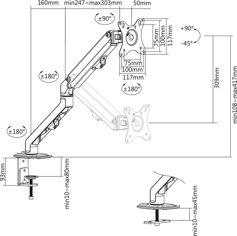 Maclean MC-906 Monitor Mount Holder Desk Table Mount 17" - 27" Adjustable Rotatable VESA 8 kg