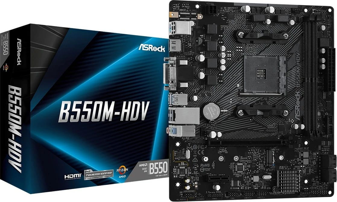 Pllakë amë ASRock B550M-HDV, AMD, Socket AM4, DDR4-SDRAM, 64 GB, DIMM