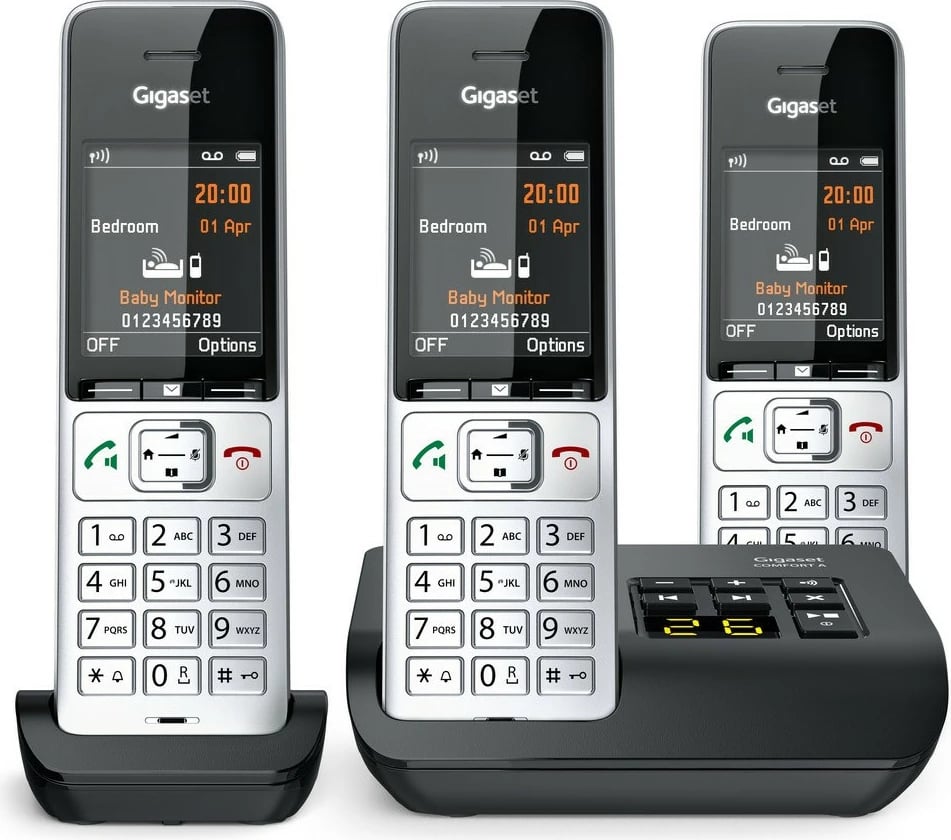 Telefon Gigaset COMFORT 500A Trio, Analog/DECT, Mbështjellës me kabllo, Altoparlant, 200 kontakte, ID thirrës, Ngjyrë e zezë, Argjend