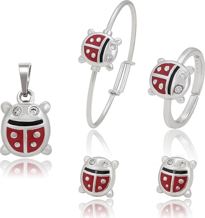 Set për fëmijë Xuping të veshura në platin V2BAF- varëse + vathë + unazë + byzylyk, argjendtë/kuqe