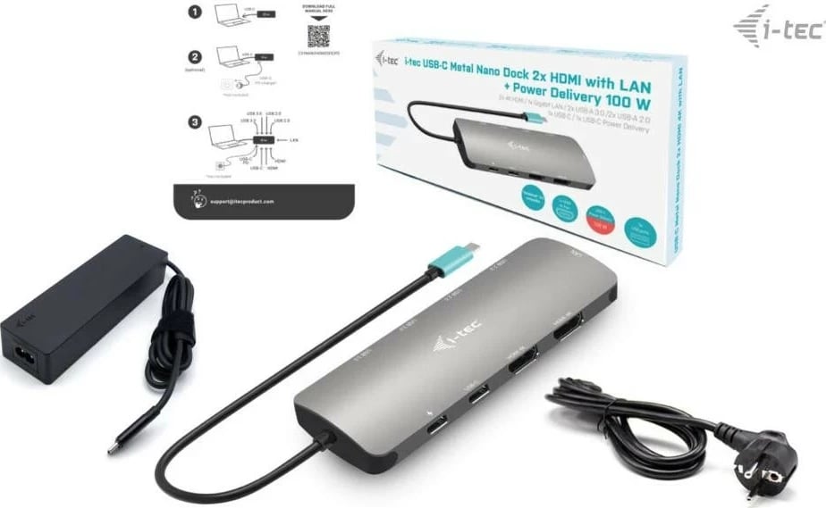 Docking station i-tec USB-C Metal Nano, 2x HDMI, LAN, Power Delivery 100W, ngjyrë gri