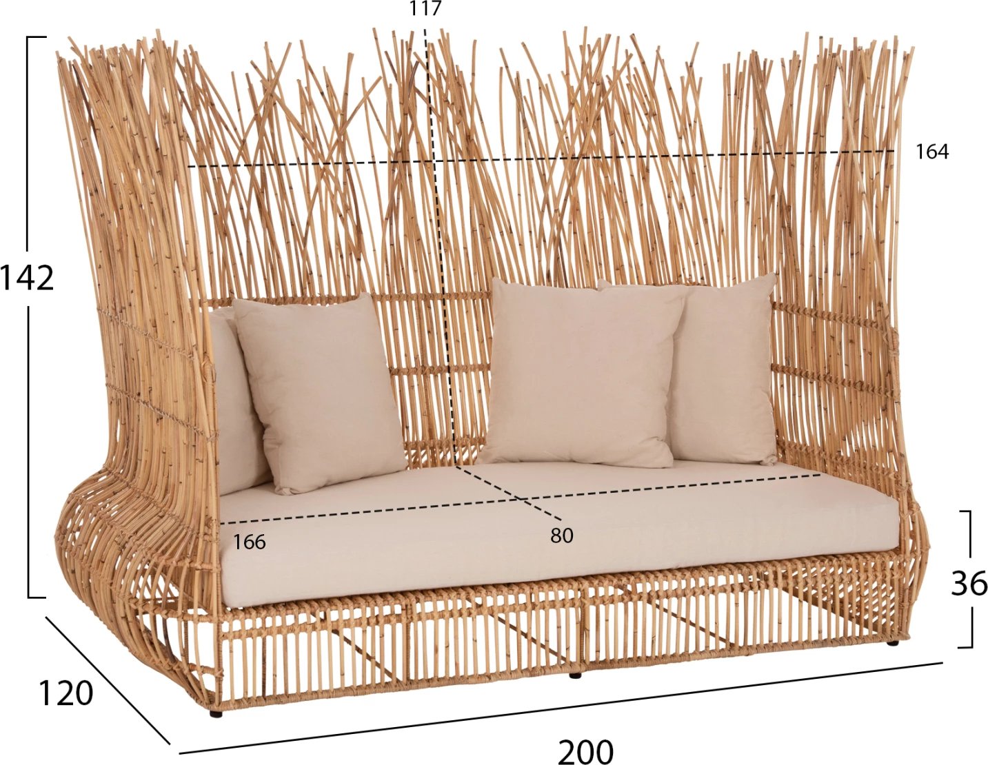 Divan për jashtë ZEPHYR FH5988 kallamishte rattan natyrale-set jastëkësh në bezhë 200x120x142Hcm