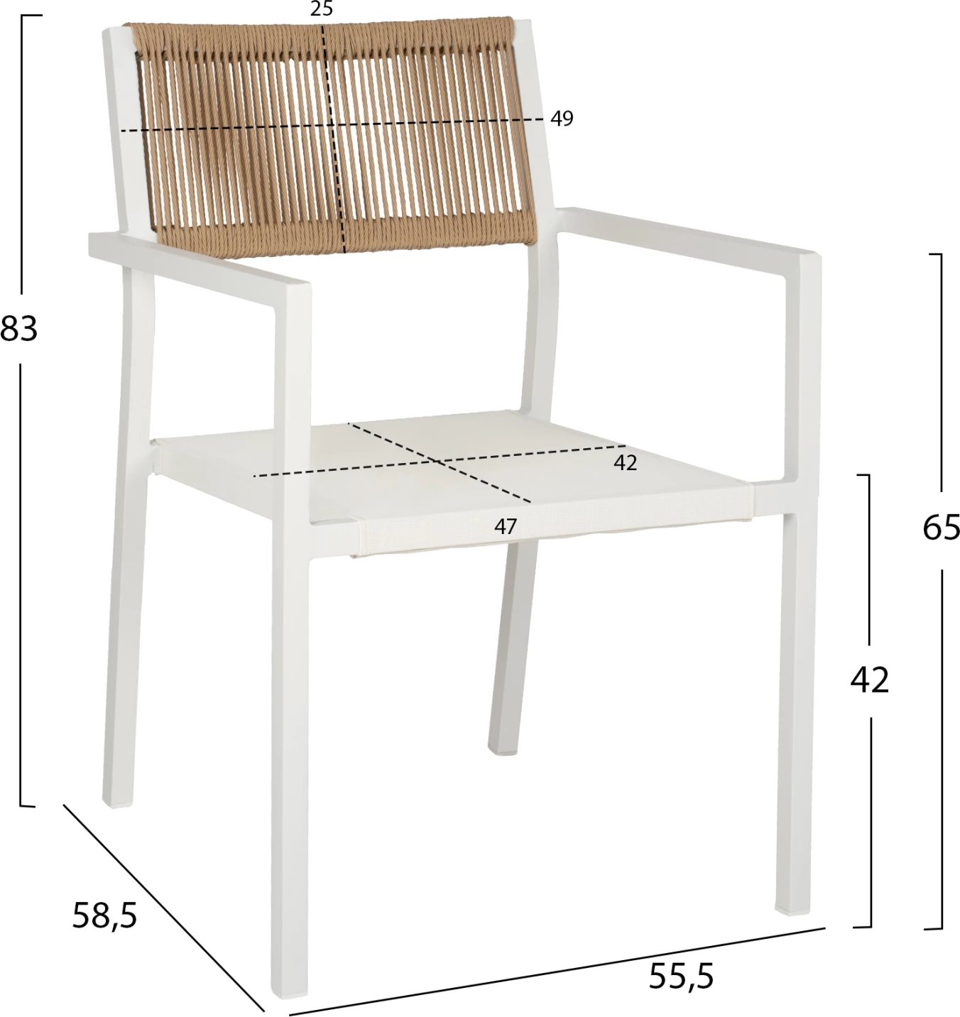 Karrige profesionale alumini, e bardhë me shpinë PE ratan, 55,5x58,5x83Hcm, FH5893.02