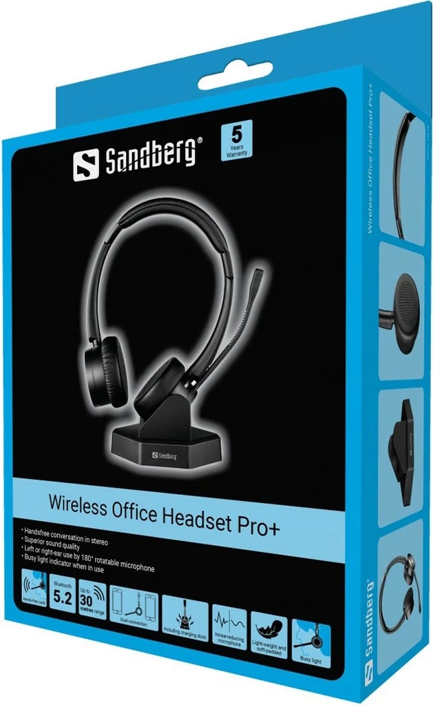 Headset pa tela Sandberg Wireless Office Headset Pro+, Office/Call center, 20 - 20000 Hz, 100 g, i zi