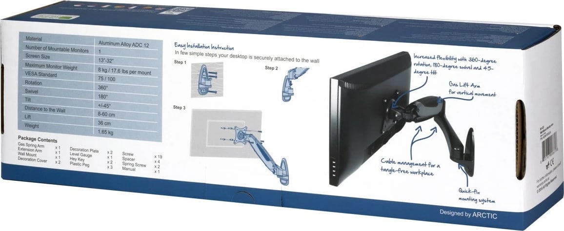 Mbajtës monitori ARCTIC W1-3D, Gas Lift Technology, 8 kg, 13-32", i zi