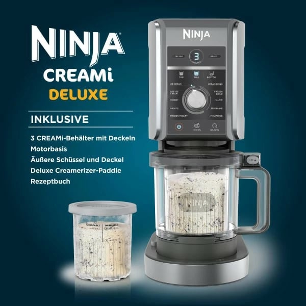 Makineri për akullore Ninja CREAMi Deluxe, 2.1 L, 3 enë, Butona, Rrotullues, E zezë, Gri