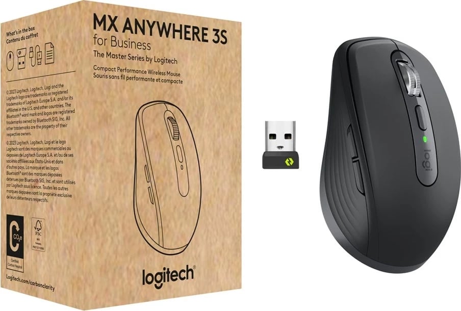 Maus Logitech MX Anywhere 3S për biznes, RF Wireless + Bluetooth, 8000 DPI, Grafit