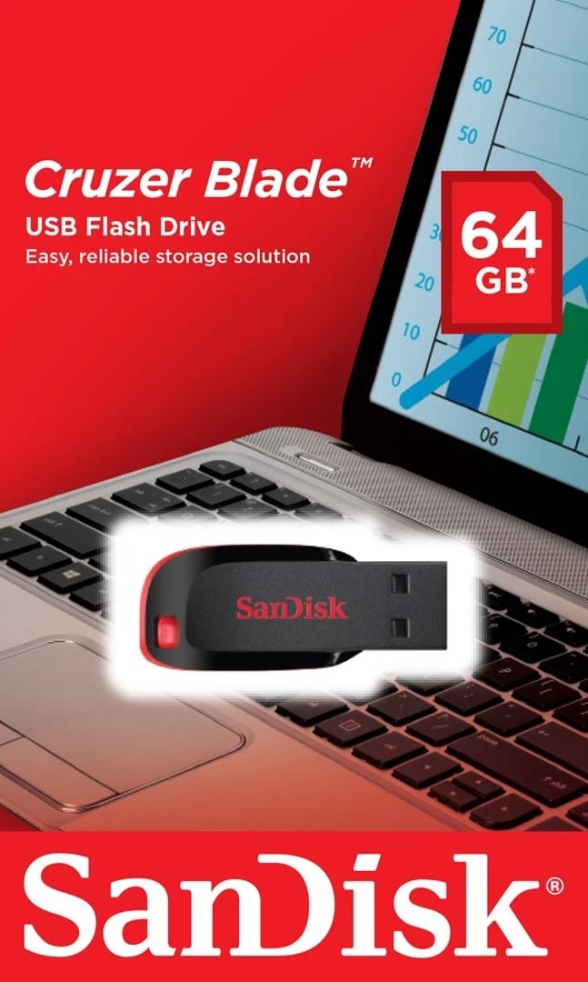 USB Sandisk Cruzer Blade, 64 GB, i zi/ kuq