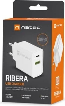 Karikues  Natec Ribera 20W USB-A USB-C, e bardhë