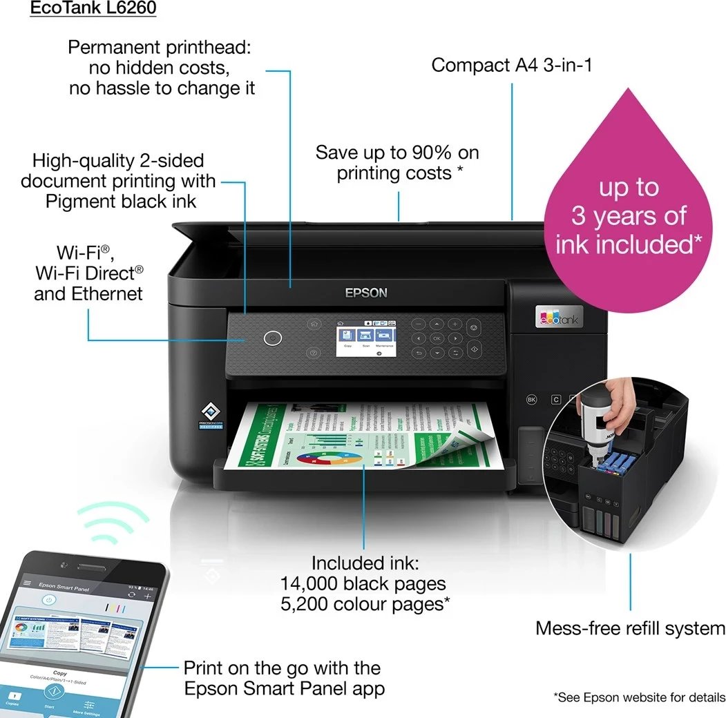 Printer Epson L6260 Inkjet, A4, 4800 x 1200 DPI, 33 ppm, Wi-Fi, Zi