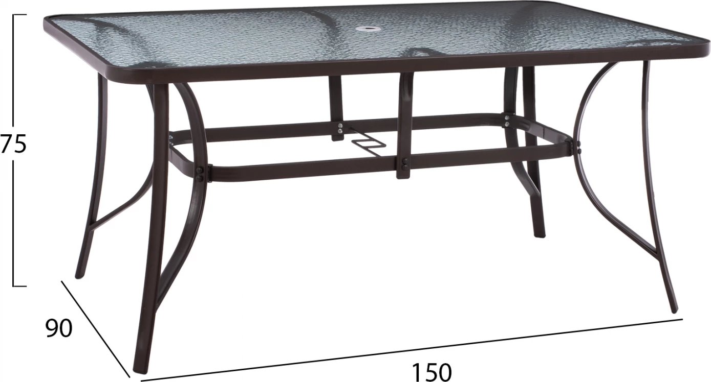 Tavolinë 150x90x75cm metalike drejtkëndëshe ngjyrë kafe me vrimë për ombrellë D38cm FH5145.12