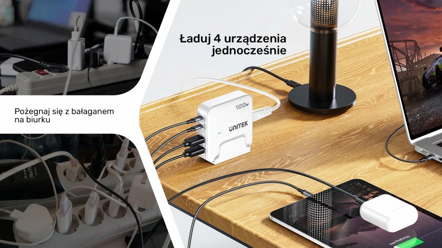 Karikues tavoline Unitek GaN 100W 2xUSB-A 2xUSB-C, bardhë