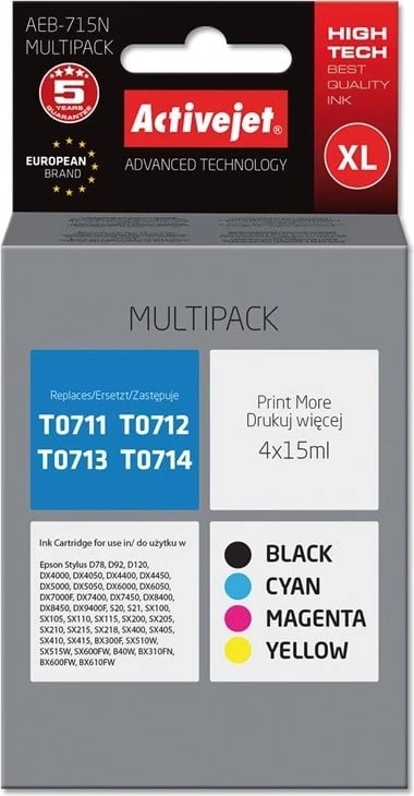 Ngjyrë zëvendësuese Activejet AEB-715N për printer Epson, 4x15 ml