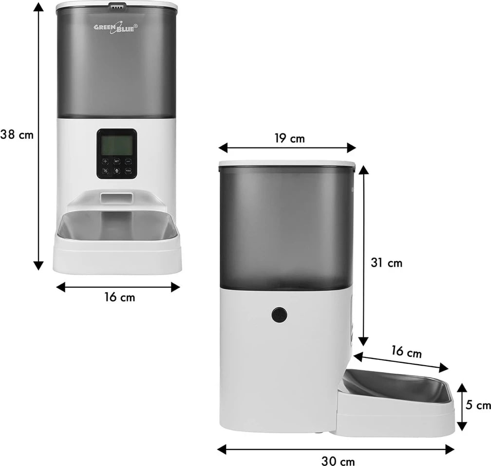 Dispenser automatik për ushqim kafshësh GreenBlue, 6L, USB, Gri