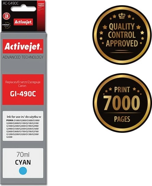 Ngjyrë zëvendësuese Activejet GI-490C për printer Canon, 70ml, e kaltër