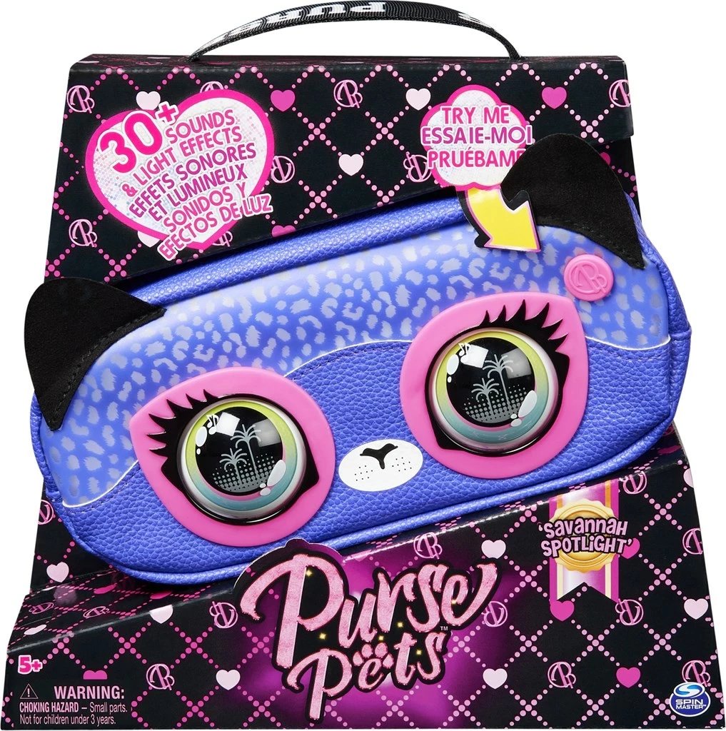 Çantë SPIN MASTER Purse Pets Savannah Spotlight, lodër interaktive dhe çantë crossbody, ngjyrë vjollcë