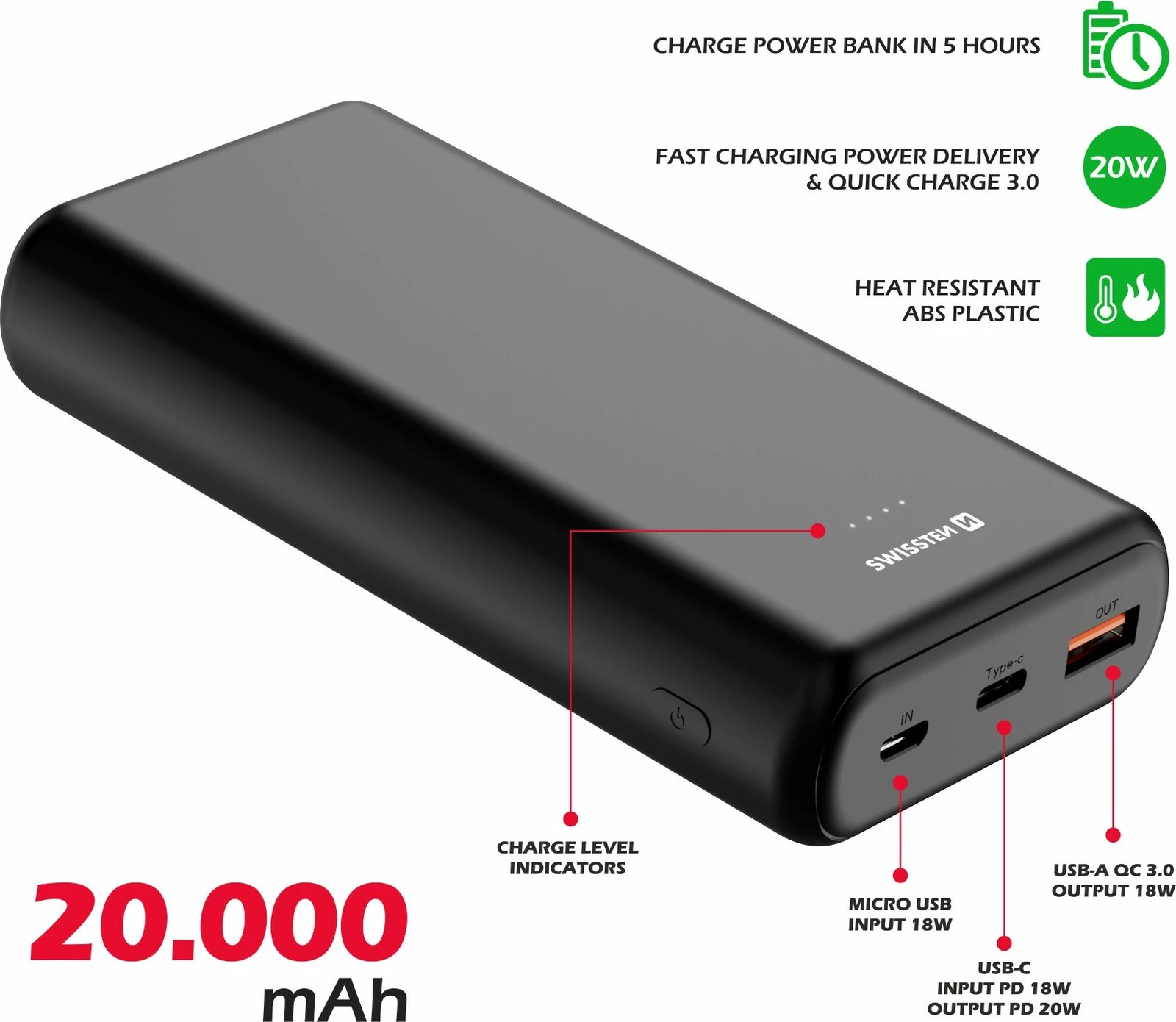 Power Bank Swissten, USB-C , 20.000mAh, e zezë