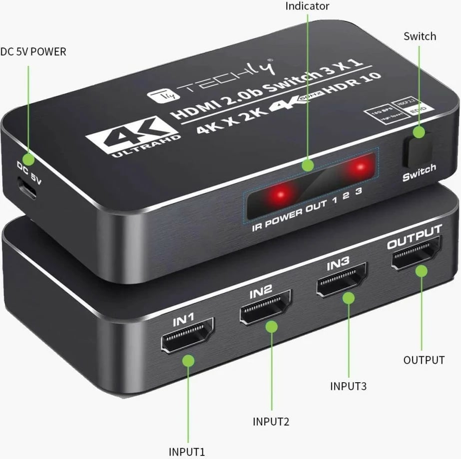 Switch HDMI Techly 367171, 3 porte, 4K 60Hz, me pilot IR, e zezë