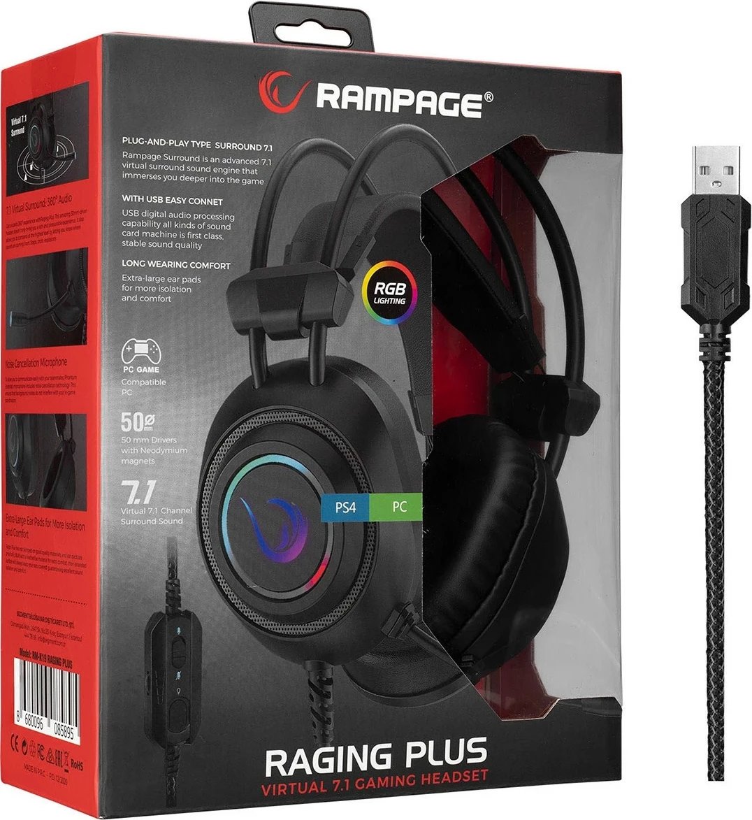 Kufje gaming Rampage RM-K19, me mikrofon, RGB, USB, të zeza-kuqe