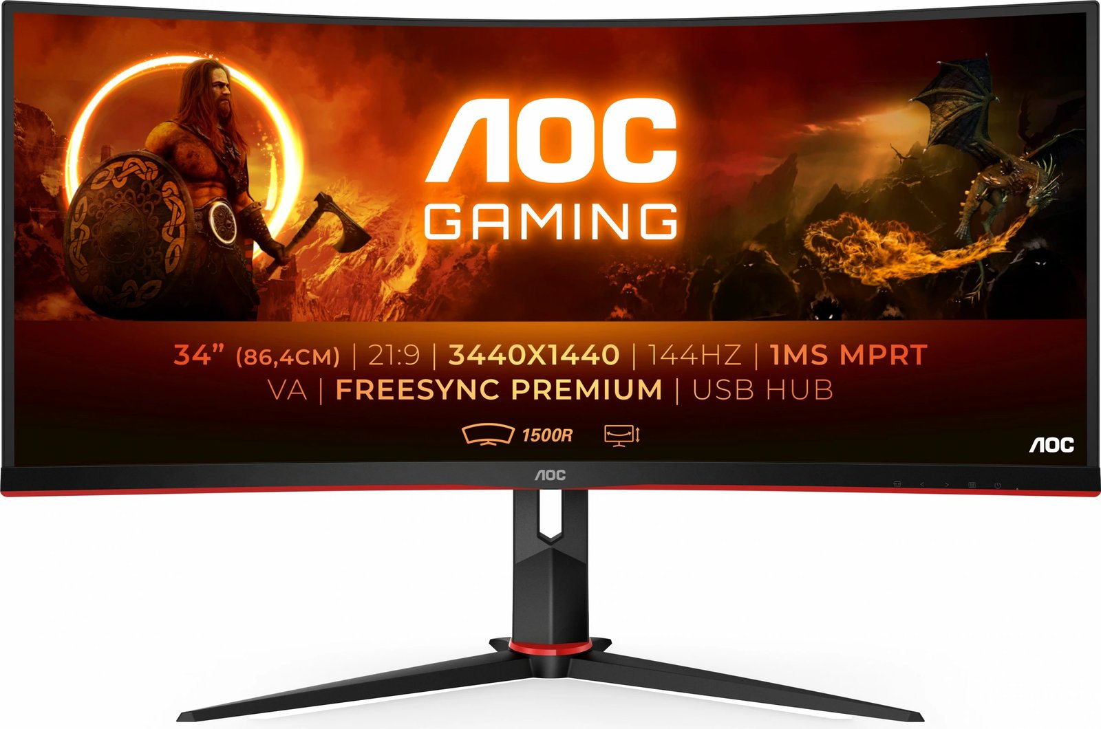 Monitor gaming AOC G2 CU34G2X/BK, 34", 3440 x 1440 pixels, Quad HD, LED, 1 ms, i zi, i kuq