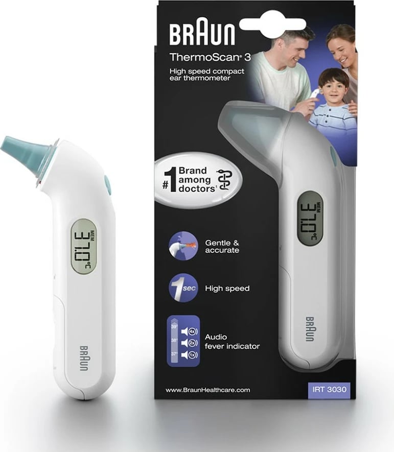 Termometër Braun ThermoScan 3, Kontakt, Bardhë, Vesh, °C, °F, 34 - 42.2 °C, 1 s