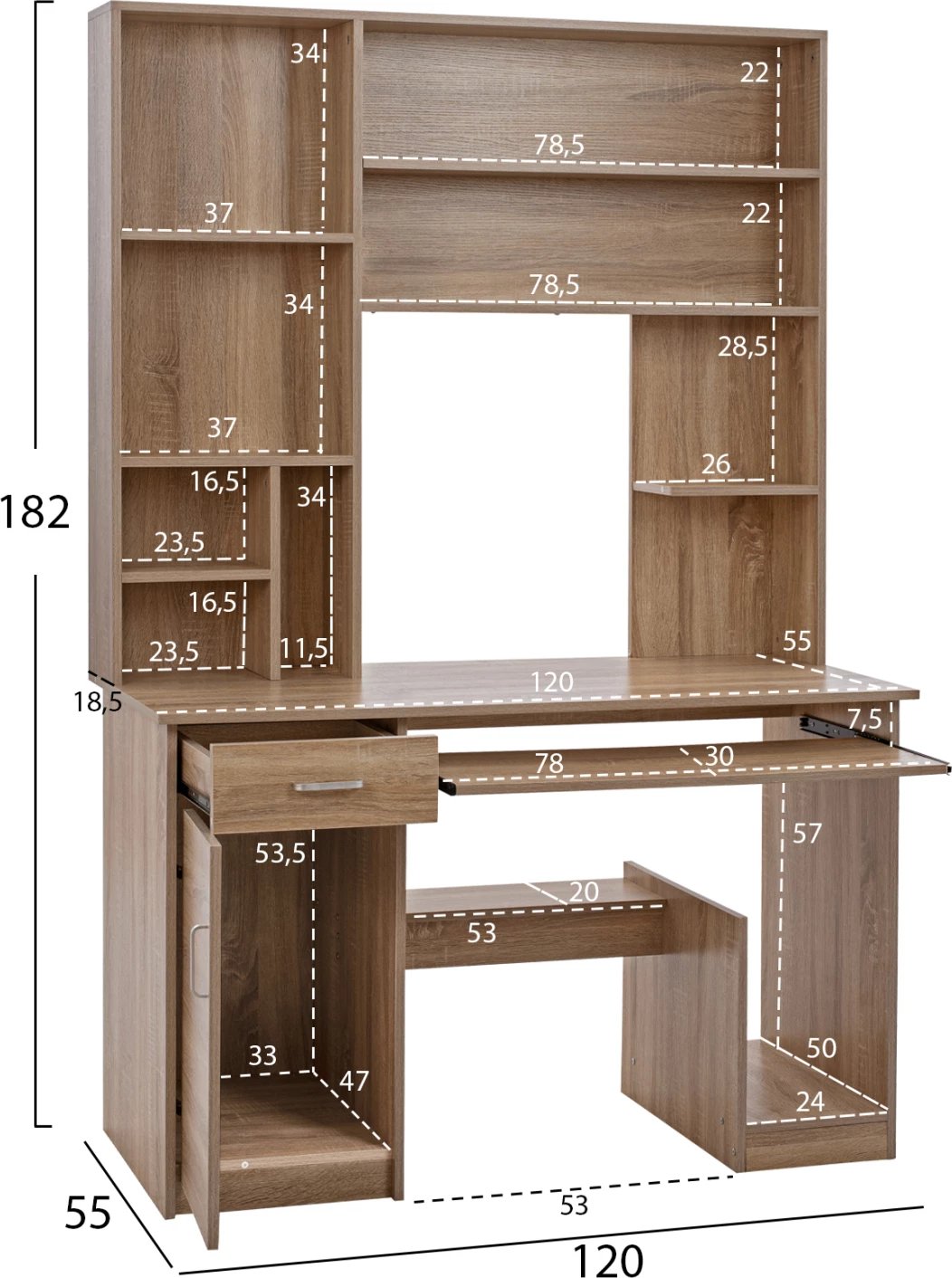 Tavolinë pune FH2032.02 me raft librash, SONOMA, 120x55x182